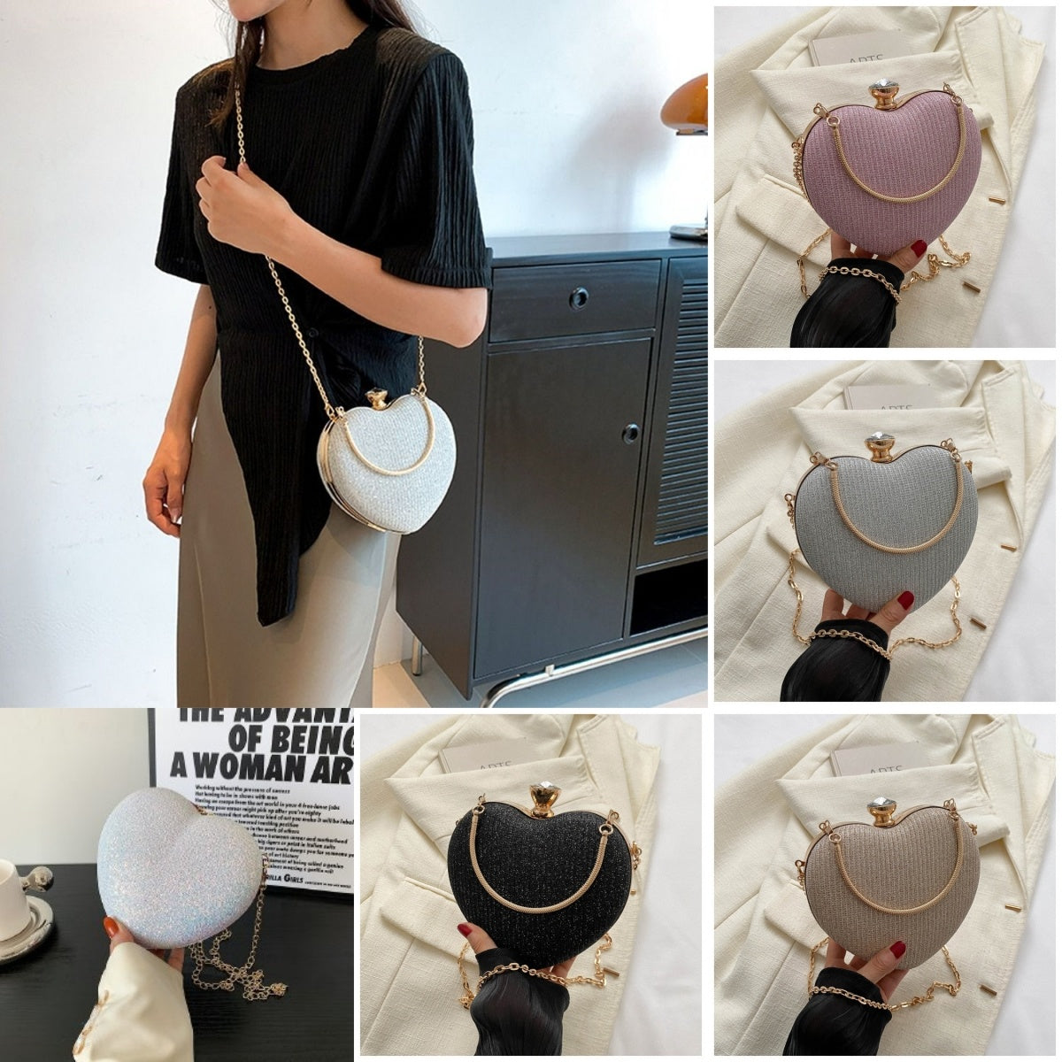 Shiny Heart Shape Evening Clutch Bag