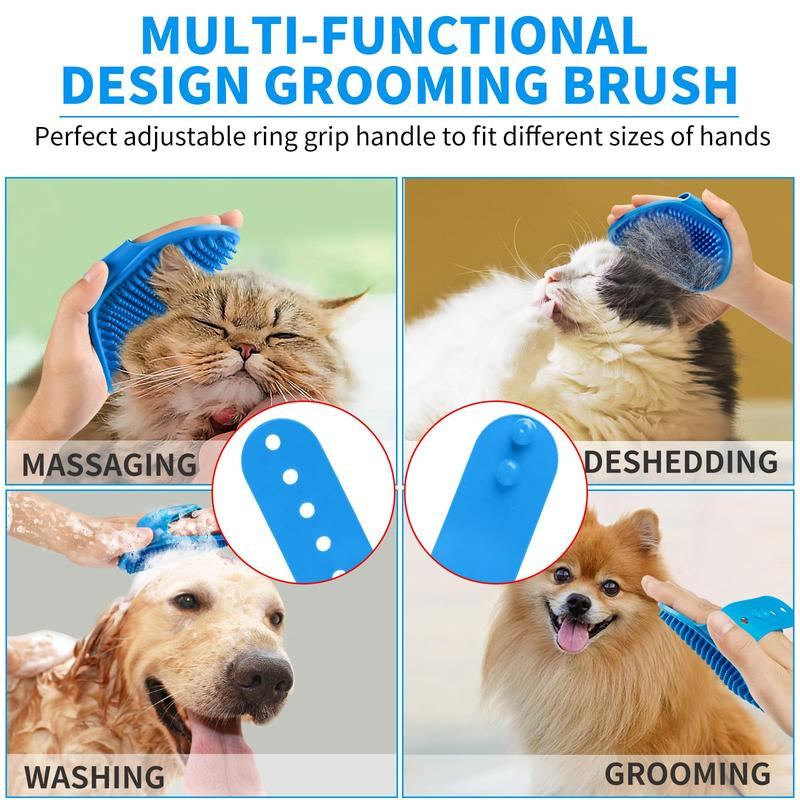 Adjustable Ring Handle Dog Bath Brush Set of 3 with Short & Long Haired Silicone Scrubber for Grooming and Washing in Blue and White