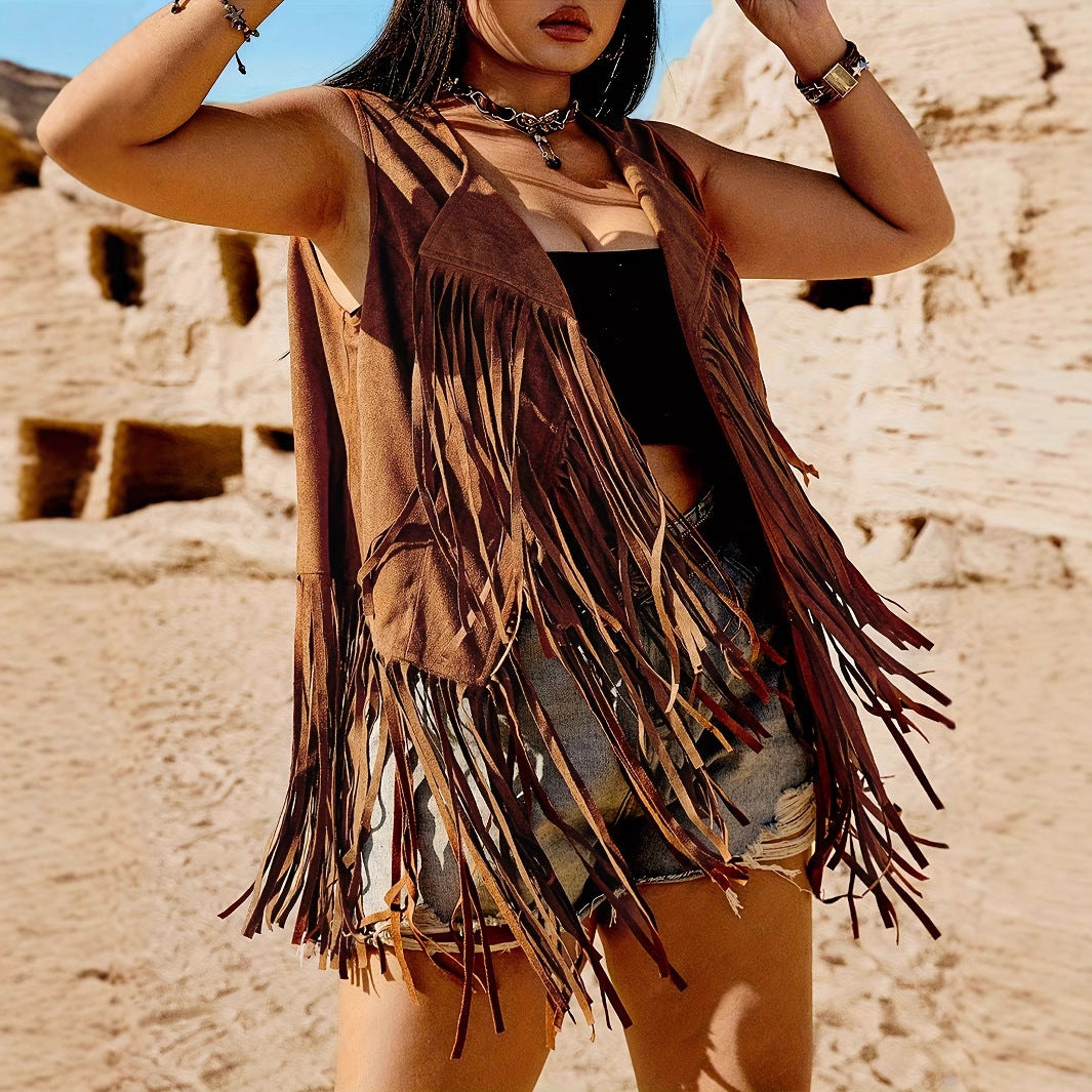 Women's Retro Tassel Sleeveless Lapel Jacket