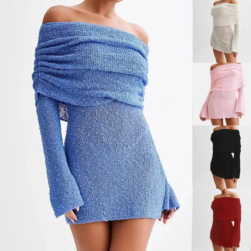 Spring Summer Knitted Boat Neck Dress