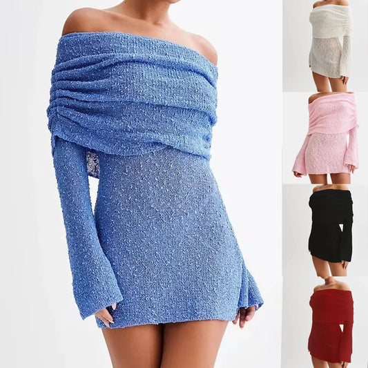Spring Summer Knitted Boat Neck Dress