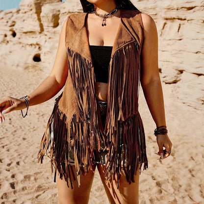 Women's Retro Tassel Sleeveless Lapel Jacket