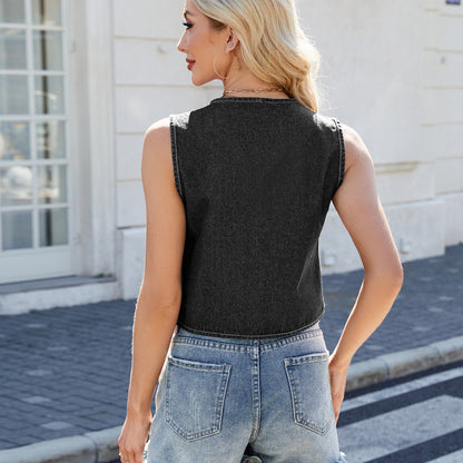 Bow-Tied Denim Sleeveless Top