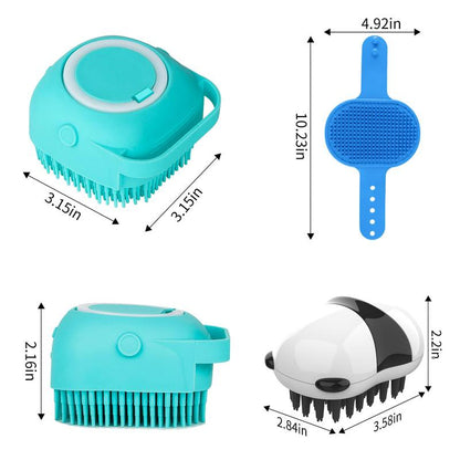 Adjustable Ring Handle Dog Bath Brush Set of 3 with Short & Long Haired Silicone Scrubber for Grooming and Washing in Blue and White