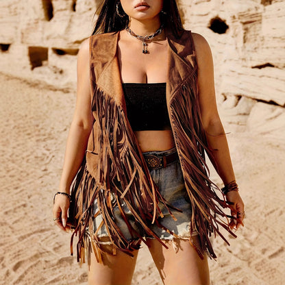 Women's Retro Tassel Sleeveless Lapel Jacket