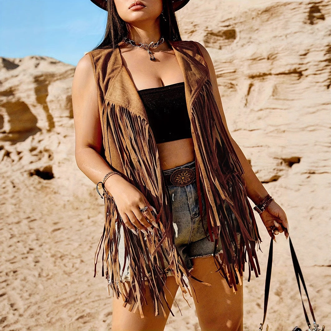 Women's Retro Tassel Sleeveless Lapel Jacket